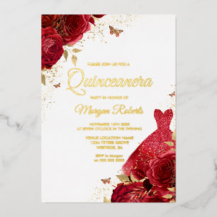 Schöne rote Rosen und Kleid Goldfolie Quinceanera Folieneinladung