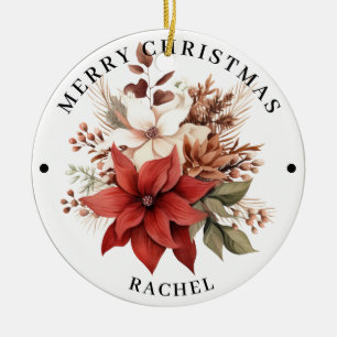 Schöne rote und weiße florale Frohe Weihnachten Keramik Ornament