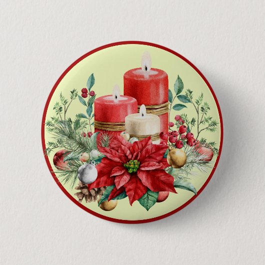 Schöne rote und weiße Kerzen & Poinsettias Button (Vorderseite)