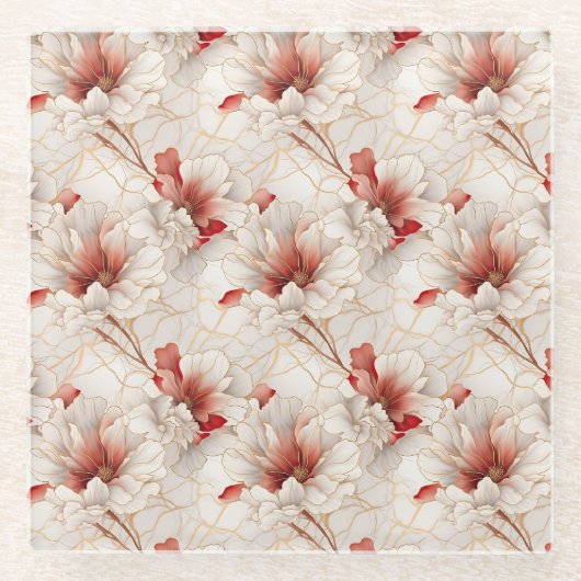 Schöne Rote Weiße Blüte Glasuntersetzer (Vorderseite)