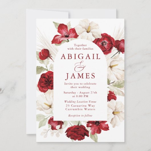 Schöne Ruby Red & White Floral Wedding Einladung (Vorderseite)
