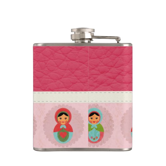 Schöne russische Verschachtelungs-Puppen auf Leder Flachmann (Rückseite)