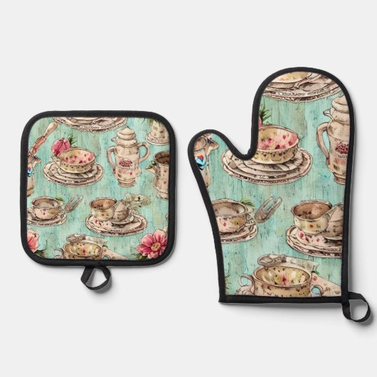 Schöne rustikal blaue Holzküche Illustrationen Ofenhandschuh & Topflappen-Set (Vorderseite)