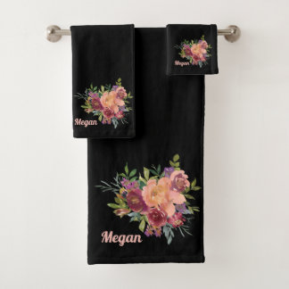 Schöne rustikale Blumenbouquet weiches Schwarz Badhandtuch Set