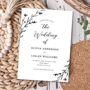 Schöne rustikale Schwarz-weiße Wildblume Boho Wedd Einladung
