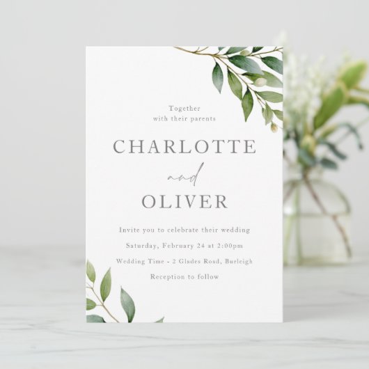 Schöne Sage Green Blätter Moderne Hochzeit Einladung (Stehend Vorderseite)