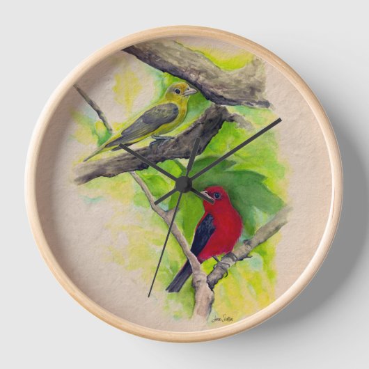 Schöne Scharlachteänger Vogelmalerei Uhr (Vorderseite)