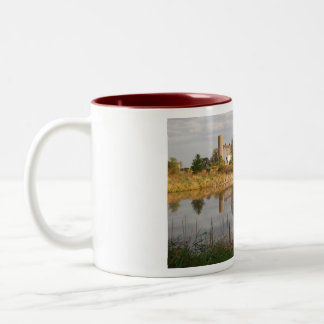 Schöne Scheune reflektiert im Teich Zweifarbige Tasse