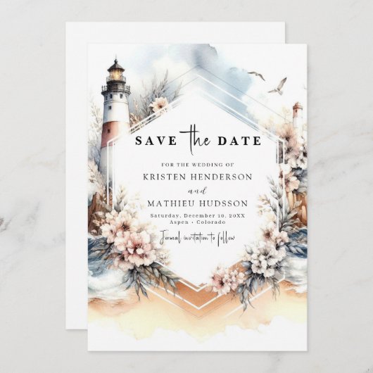 Schöne, schicke Hochzeit des Leuchtturms Watercolo Save The Date (Vorne/Hinten)