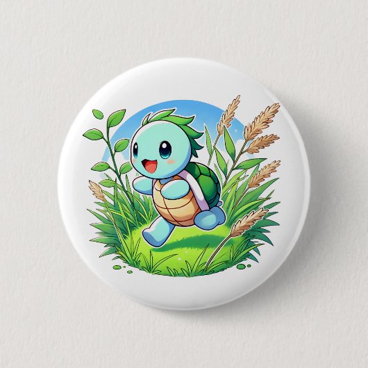 Schöne Schildkröte, die durch ein Feld führt Button (Vorderseite)
