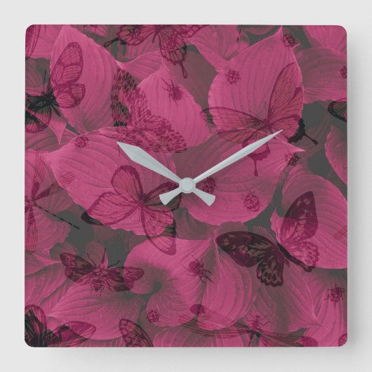 Schöne Schmetterlinge auf rosa Leaf-Muster Quadratische Wanduhr (Vorderseite)