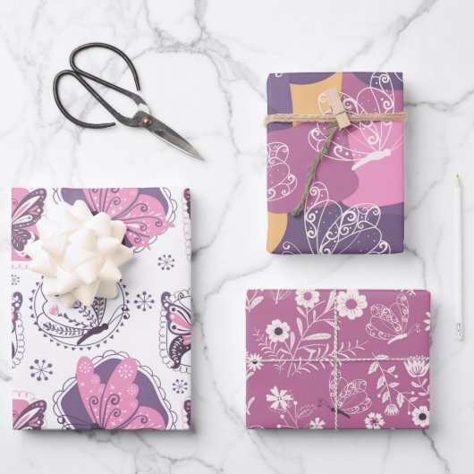 Schöne Schmetterlinge in Rosa und Lila Geschenkpapier Set (Vorderseite)
