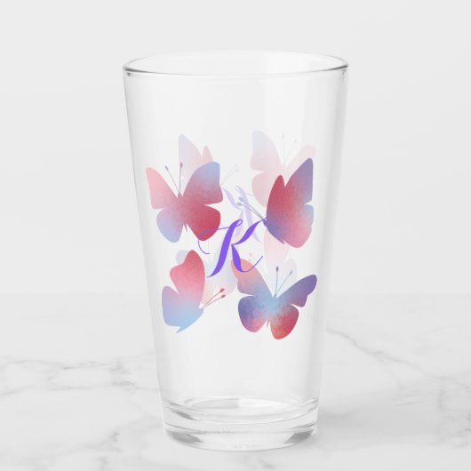 Schöne Schmetterlinge Pastellrosa Lila Monogramm Glas (Vorderseite)