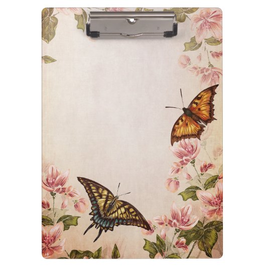 Schöne Schmetterlinge u. Vintage Blüte Klemmbrett (Vorderseite)