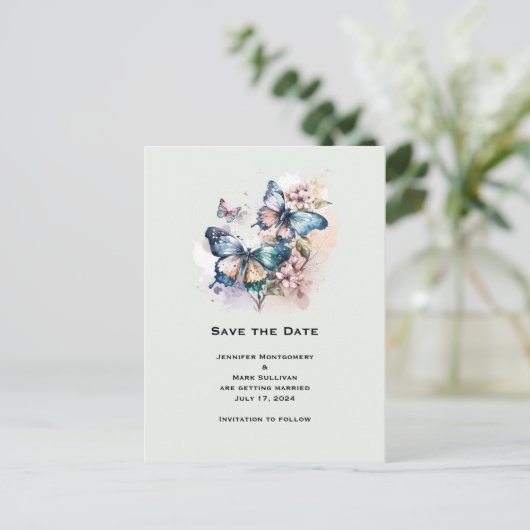 Schöne Schmetterlinge und Blume Save the Date Einladungspostkarte (Stehend Vorderseite)