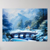 Schöne schneebedeckte Landschaft mit Steinbrücke Poster (Vorne)