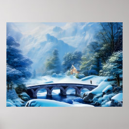Schöne schneebedeckte Landschaft mit Steinbrücke Poster