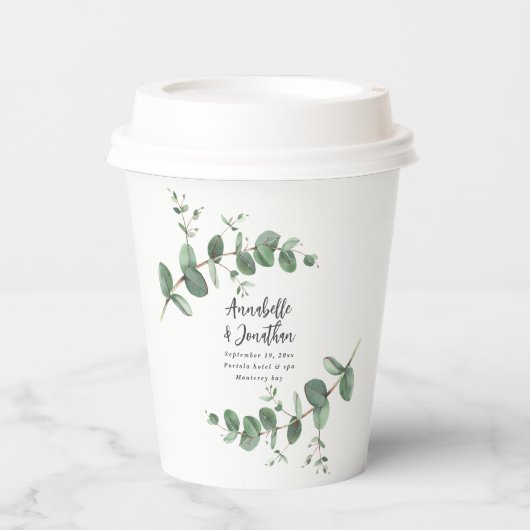 Schöne Schrift Eukalyptus foliage Hochzeit Pappbecher (Vorderseite)