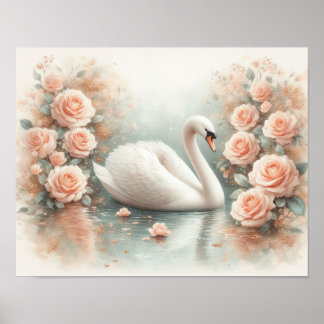 Schöne Schwan- und Rosenmalerei Poster