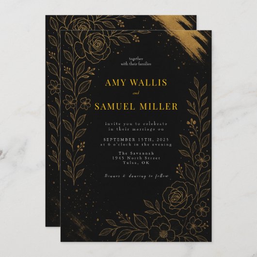 Schöne Schwarz-Gold-Hochzeit Einladung (Vorne/Hinten)