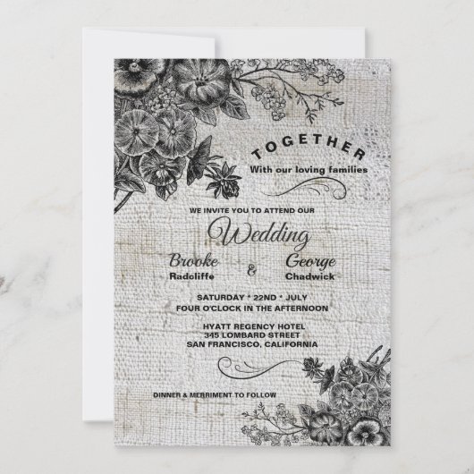 Schöne Schwarz-Grau-Blume Hochzeit Einladung (Vorderseite)