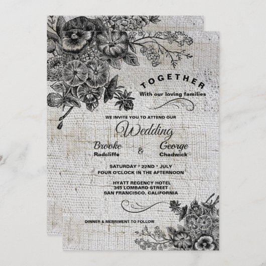 Schöne Schwarz-Grau-Blume Hochzeit Einladung (Vorne/Hinten)