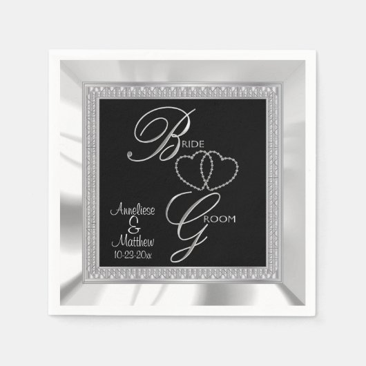 Schöne Schwarz, Silber & Weiß Satin Hochzeit Serviette (Vorderseite)