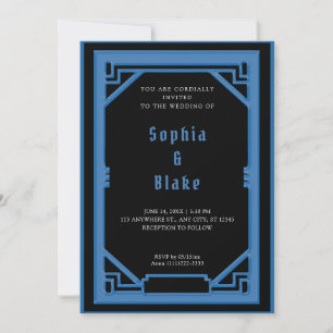 Schöne Schwarz und Blau Art Deco Hochzeit Einladung
