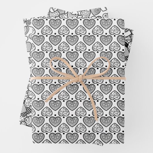 Schöne Schwarz-Weiß-Herz-Papierblätter Geschenkpapier Set (Beispiel)