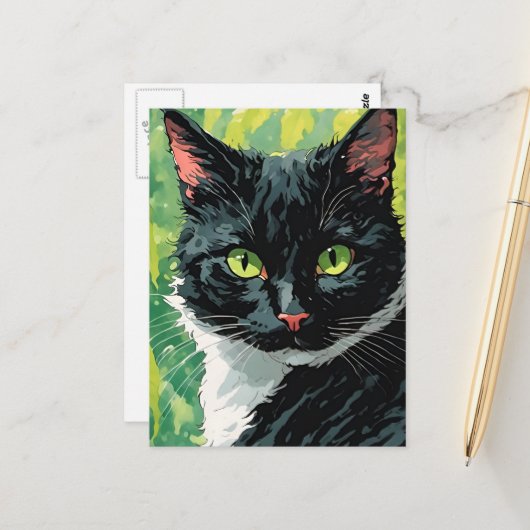 Schöne Schwarz-Weiß-Katze Postkarte (Vorderseite/Rückseite Beispiel)