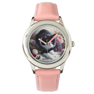 Schöne Schwarz-Weiß-Katze und Blume Armbanduhr