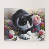 Schöne Schwarz-Weiß-Katze und Blume Puzzle (Horizontal)