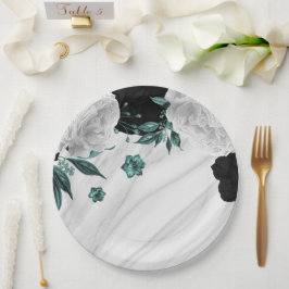 Schöne Schwarz-weiße aquamarine Blume aus Marmor Pappteller