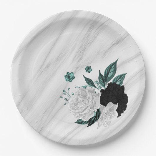 Schöne Schwarz-weiße aquamarine Blume aus Marmor Pappteller (Vorderseite)