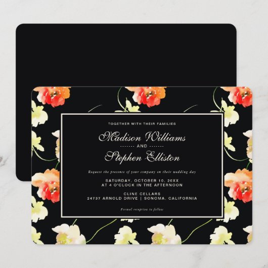 Schöne Schwarze Flora - Hochzeit Einladung (Vorne/Hinten)