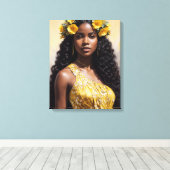 Schöne schwarze Frau in gelbem Portrait Kunst, Dic Leinwanddruck (Insitu (Holzboden))