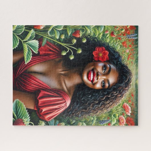 Schöne schwarze Frau in Roter Erdbeere Kunst Puzzle (Horizontal)