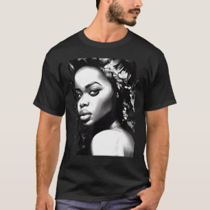 Schöne Schwarze Frau mit Blume in der Haare BW Art T-Shirt