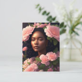 Schöne schwarze Frau mit rosa Blume Postkarte (Stehend Vorderseite)