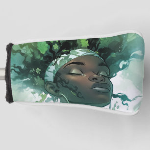 Schöne schwarze Frau schweben im Wasser mit Pflanz Golf Headcover