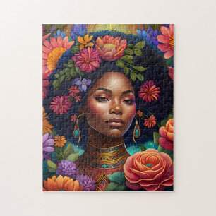 Schöne Schwarze Frau umgeben von Blume Puzzle
