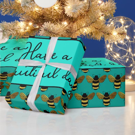 SCHÖNE SCHWARZE GOLD BUMBLEBEE BEE TEXT AQUA GREEN GESCHENKPAPIER (Feiertage)