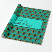 SCHÖNE SCHWARZE GOLD BUMBLEBEE BEE TEXT AQUA GREEN GESCHENKPAPIER (Ungerollt)