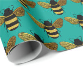 SCHÖNE SCHWARZE GOLD BUMBLEBEE BEE TEXT AQUA GREEN GESCHENKPAPIER (Rolleneckpunkt)