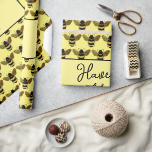 SCHÖNE SCHWARZE GOLD BUMBLEBEE BEE TEXT GELB GESCHENKPAPIER