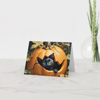 Schöne schwarze Katze im Kürbis Karte