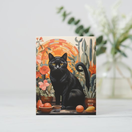 Schöne schwarze Katze in den Häusern Stillleben Postkarte (Stehend Vorderseite)