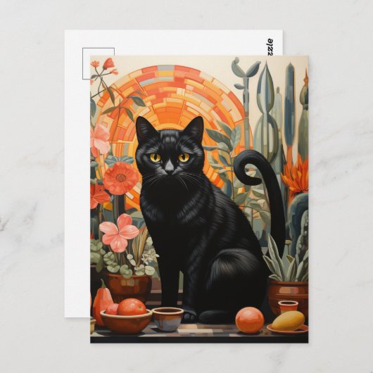 Schöne schwarze Katze in den Häusern Stillleben Postkarte (Vorne/Hinten)