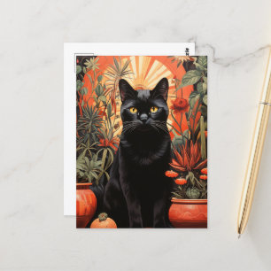 Schöne schwarze Katze in tropischen Häusern Postkarte