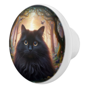 Schöne schwarze Katze mit goldenen Augen Keramikknauf
